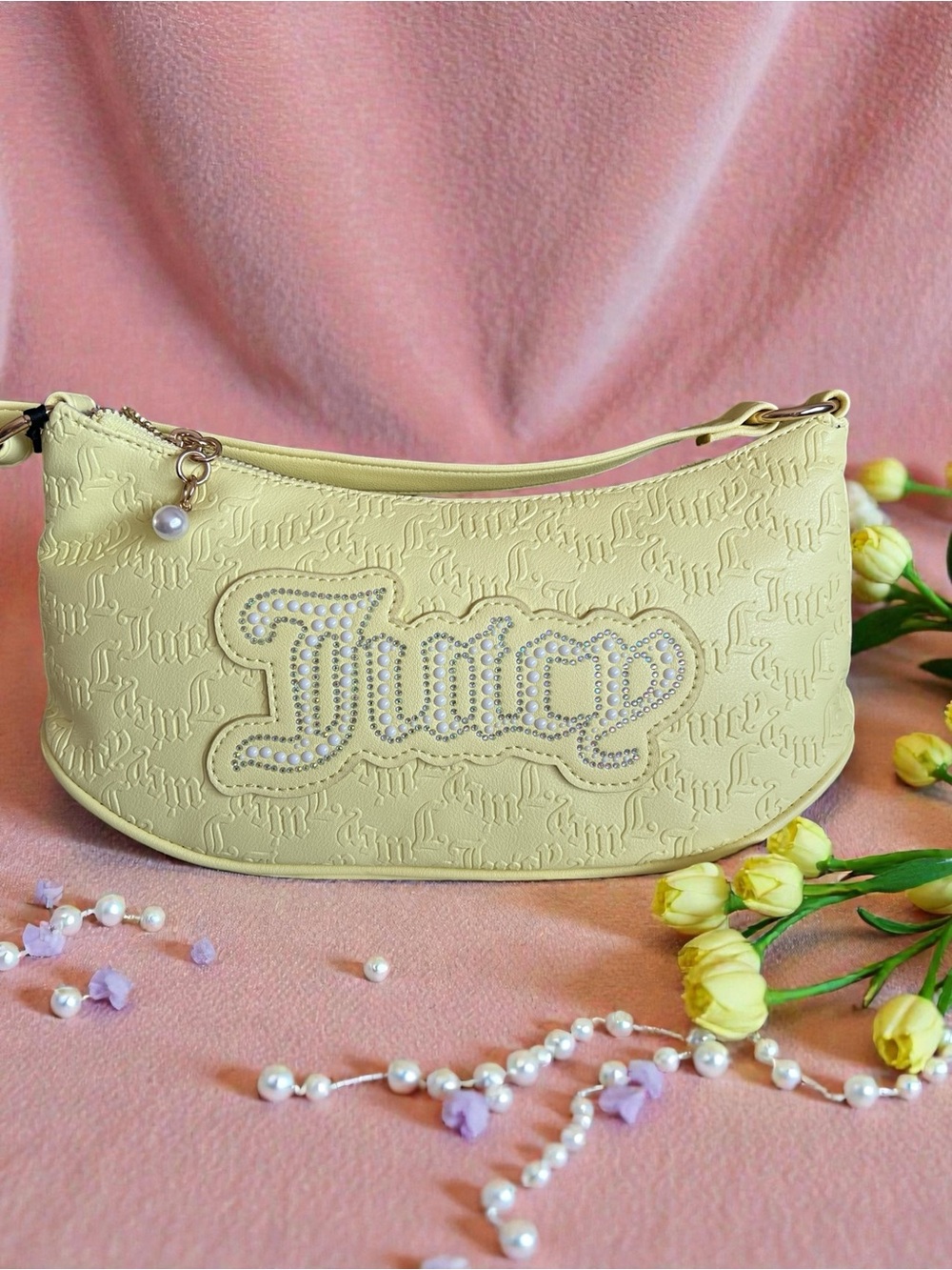 Juicy Couture Pale Yellow Embossed Logo Shoulder Bag with Crystal Script